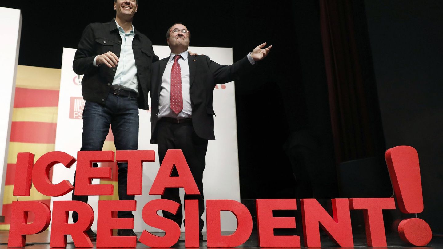 Imagen de la campaña del candidato del PSC, Miquel Iceta, acompañado por Pedro Sánchez. (EFE)