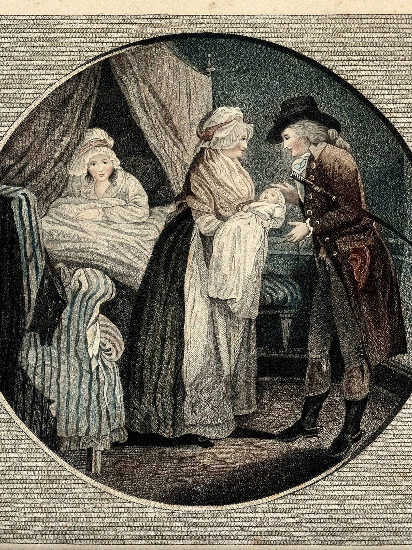 Matrona enseñando el bebé al padre (hacia 1800)