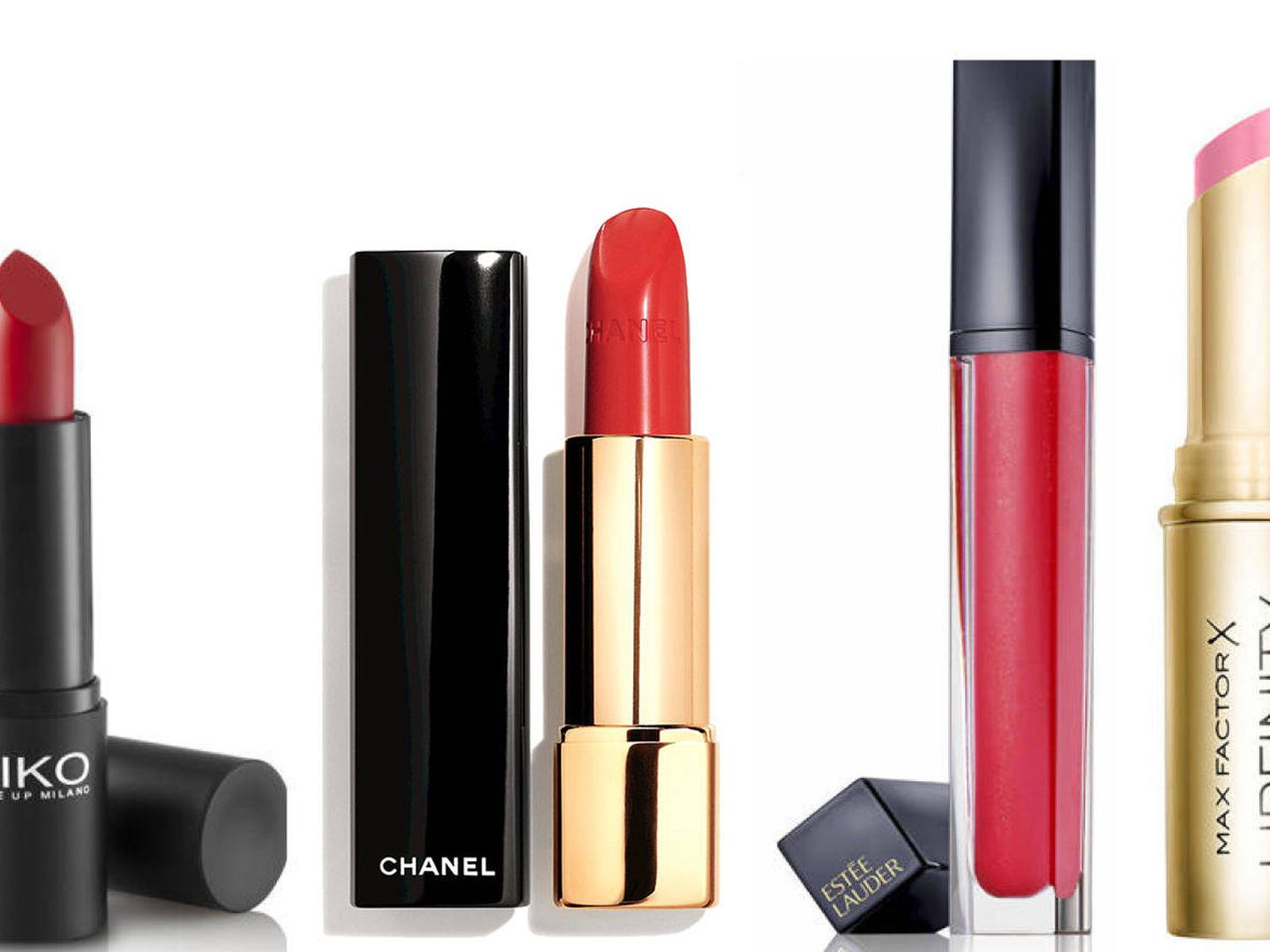 Smart Lipstick, de KIKO; Rouge Allure en tono Vibrante de Chanel; Pure Color Envy Sculpting Gloss 'Red Extrovert', de Estée Lauder; Lipfinity Long Lasting Lipstick, de Max Factor.