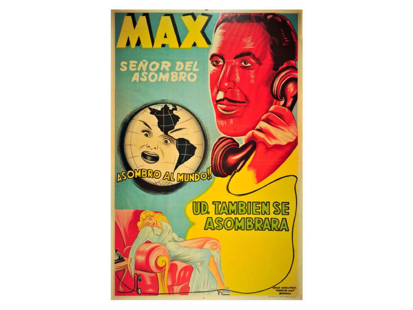 Un cartel que anuncia la capacidad del Profesor Max de hipnotizar por teléfono. 