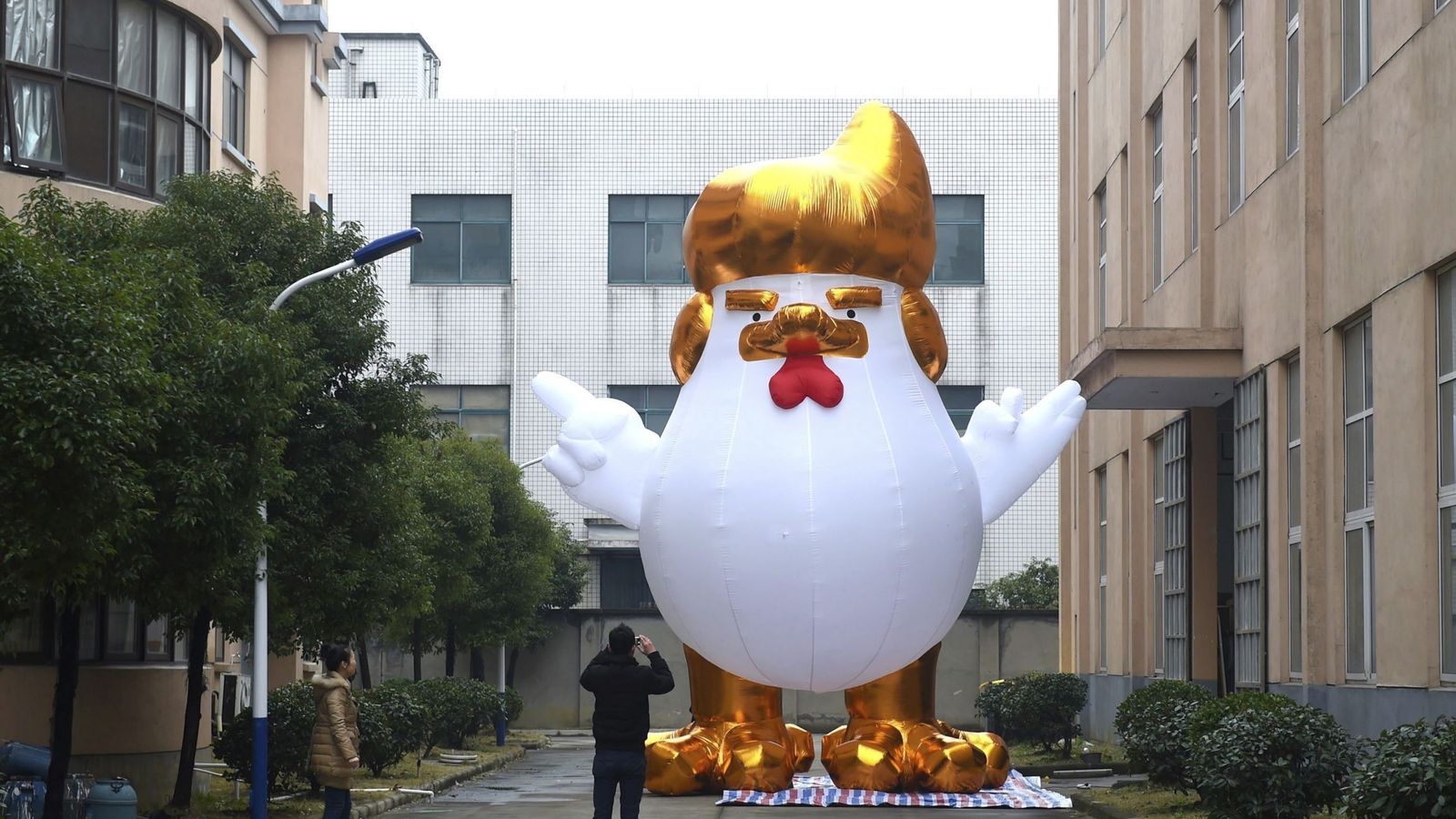 Foto: Un hombre hace una foto a una gallina gigante que representa al presidente electo estadounidense, Donald Trump. (EFE)