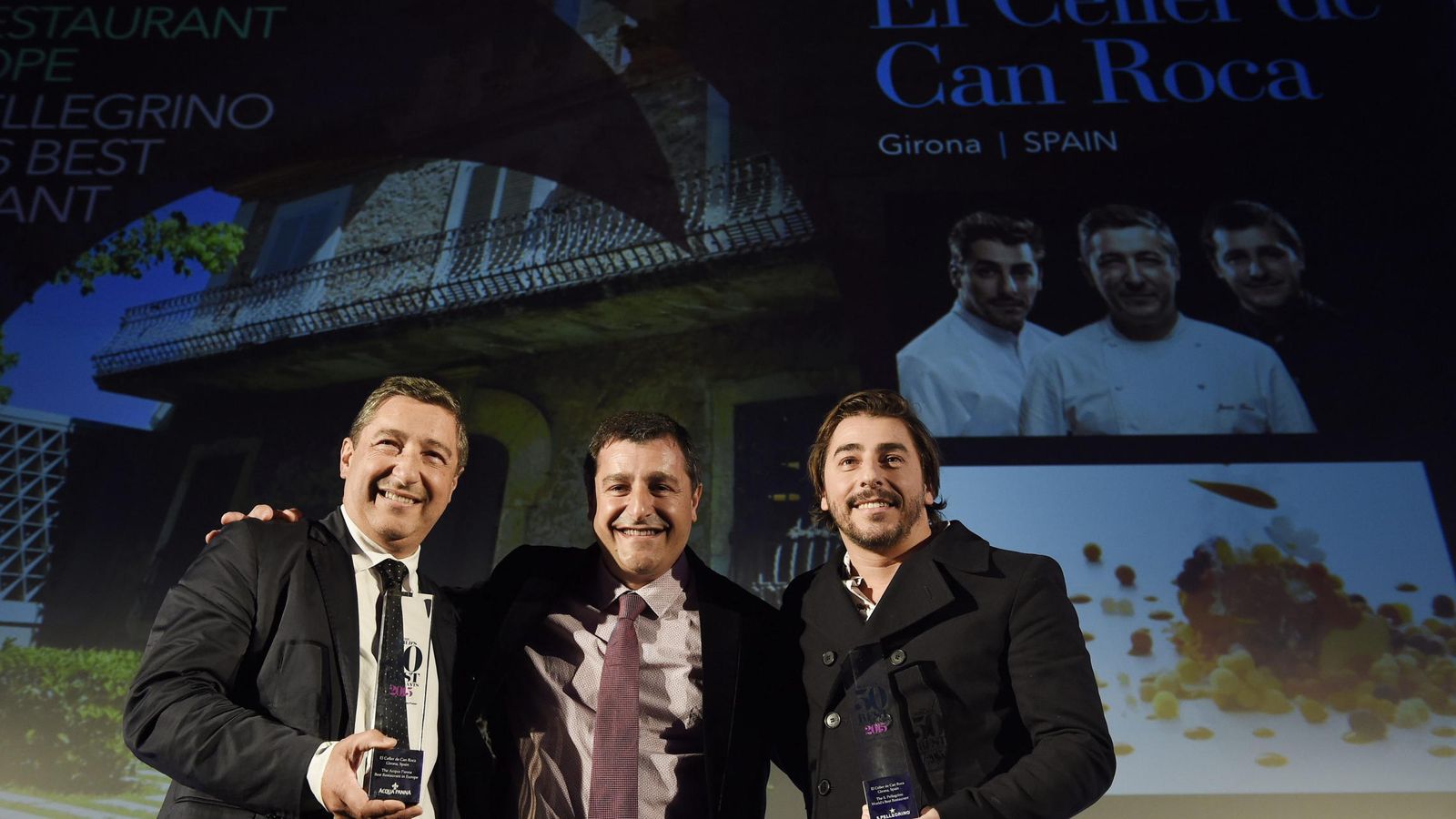 Foto: Los chefs españoles Jordi Roca (d) y Joan Roca (i), junto al somelier Joseph Roca (C), hermanos y dueños del restaurante español el Celler de Can Roca (Efe)