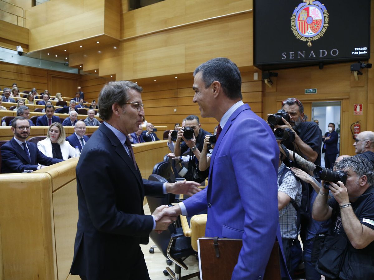 Foto: El presidente del Gobierno, Pedro Sánchez, y el líder del PP, Alberto Nuñez Feijóo, durante una sesión de control al Gobierno en el Congreso. (EFE/David Corral Pool Senado)