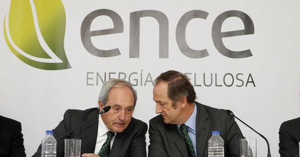 Foto: El presidente de Ence, Juan Luis Arregui, conversa con el Consejero Delegado de la empresa, Ignacio de Colmenares. (EFE)