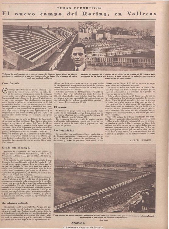 La página donde se anunció la construcción del estadio del Racing en Vallecas. (Cedida)