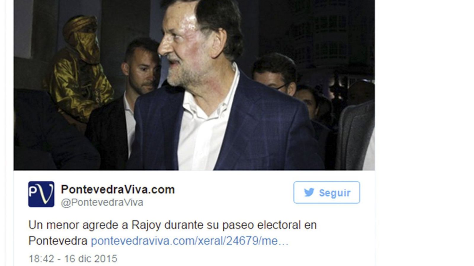 Foto: Imagen del presidente del Gobierno, Mariano Rajoy, tras ser agredido este miércoles. (Pontevedra Viva)
