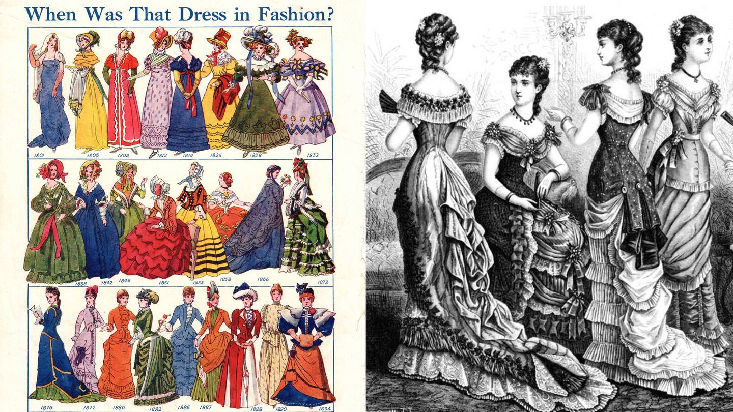 A la izquierda, un recorrido visual por los diferentes patrones de la moda femenina a lo largo del siglo XIX; a la derecha, vestidos de gala, una ilustración de finales de 1870. (Wikimedia)