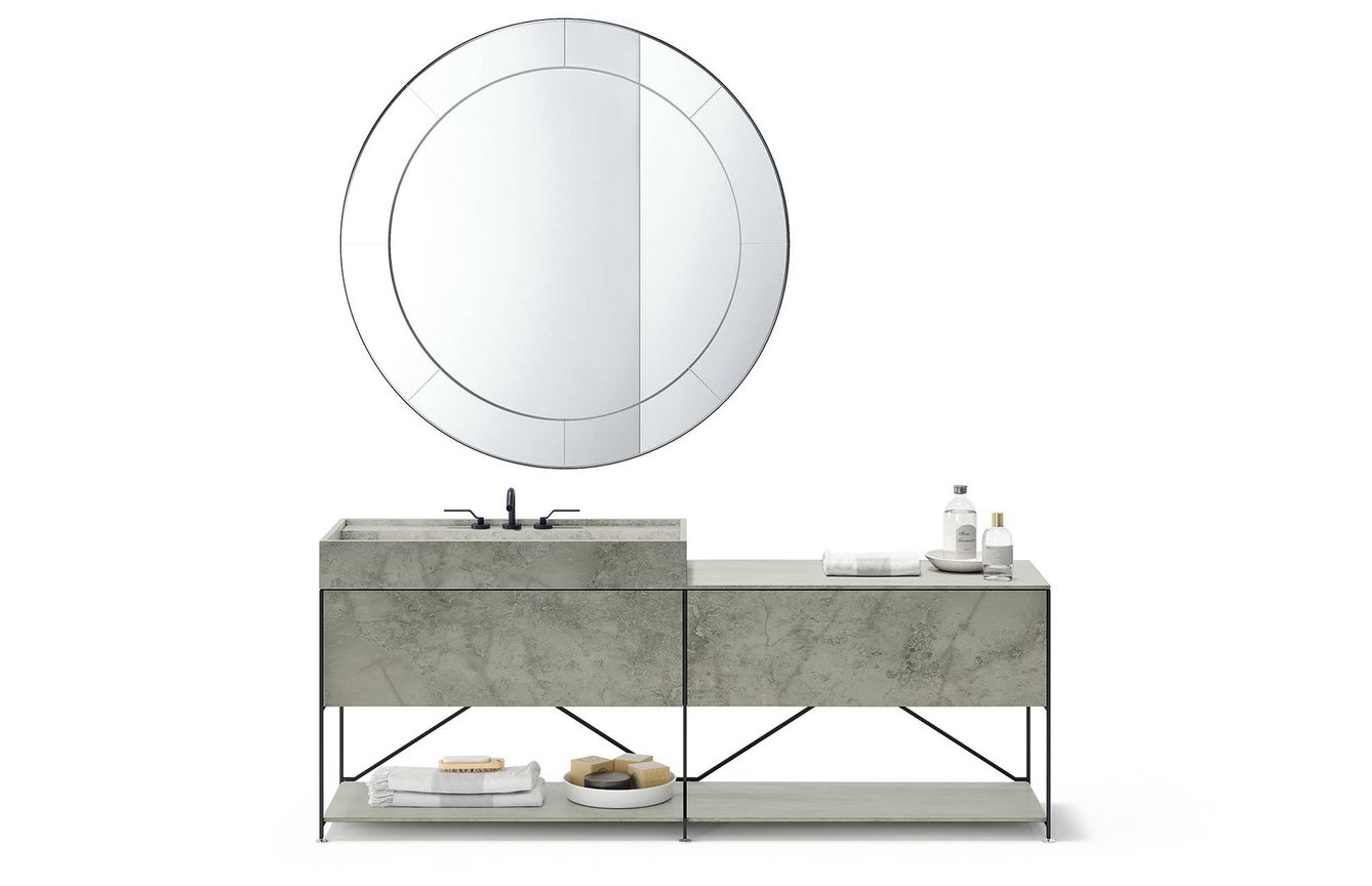 Solución modular muy lineal para el baño, para equilibrar la simetría, espejo en forma de círculo.