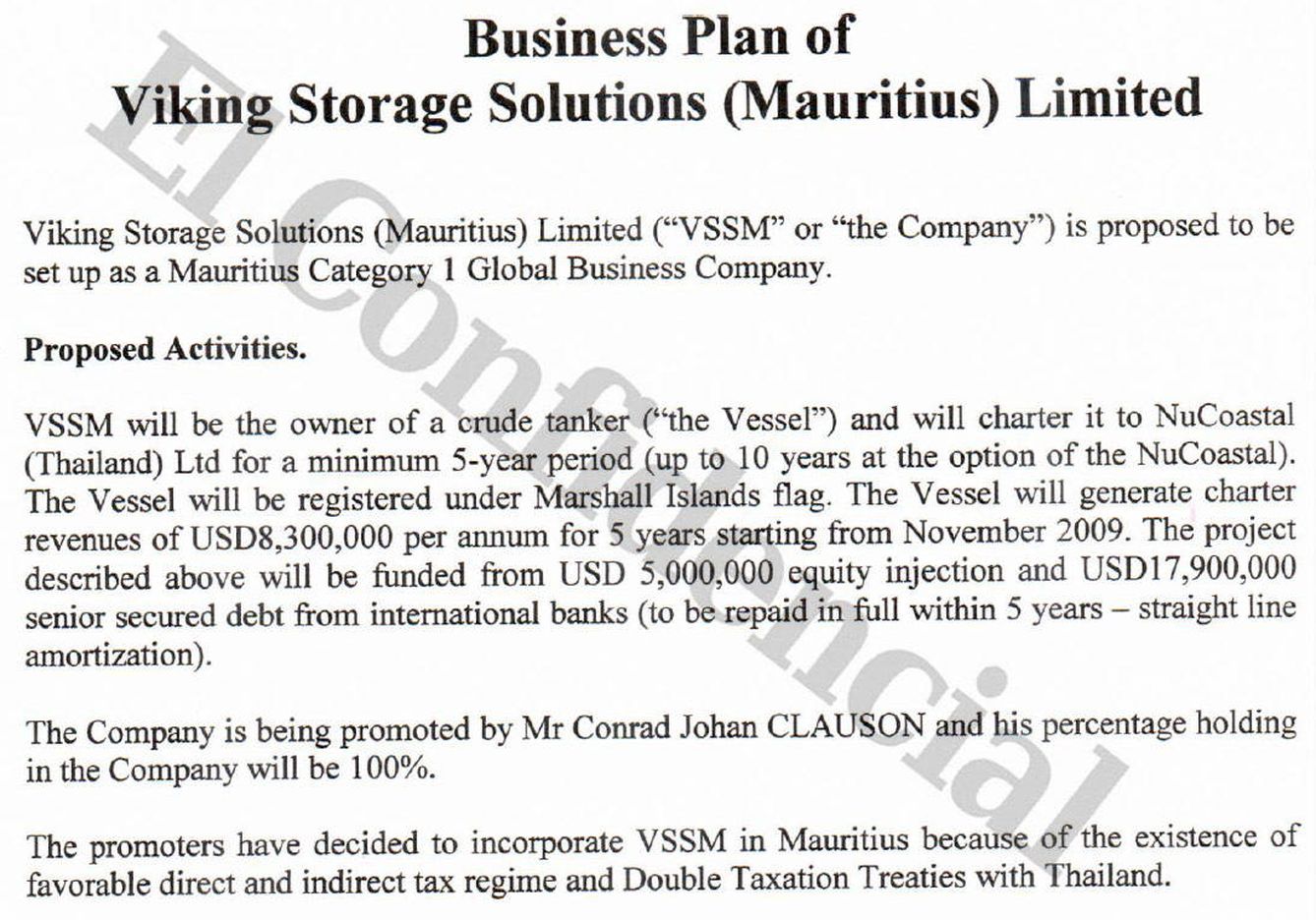 Plan de negocio de VSSM para el barco Coastal Energy Resolution. (Mauritius Leaks/ICIJ)