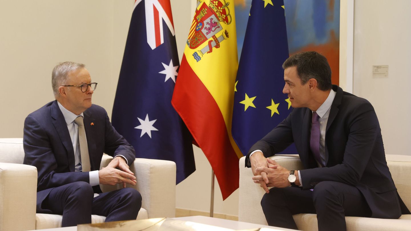 El presidente del Gobierno, Pedro Sánchez (d),y el primer ministro de Australia, Anthony Albanese (i), durante la reunión. (EFE/ Juan Carlos Hidalgo) 