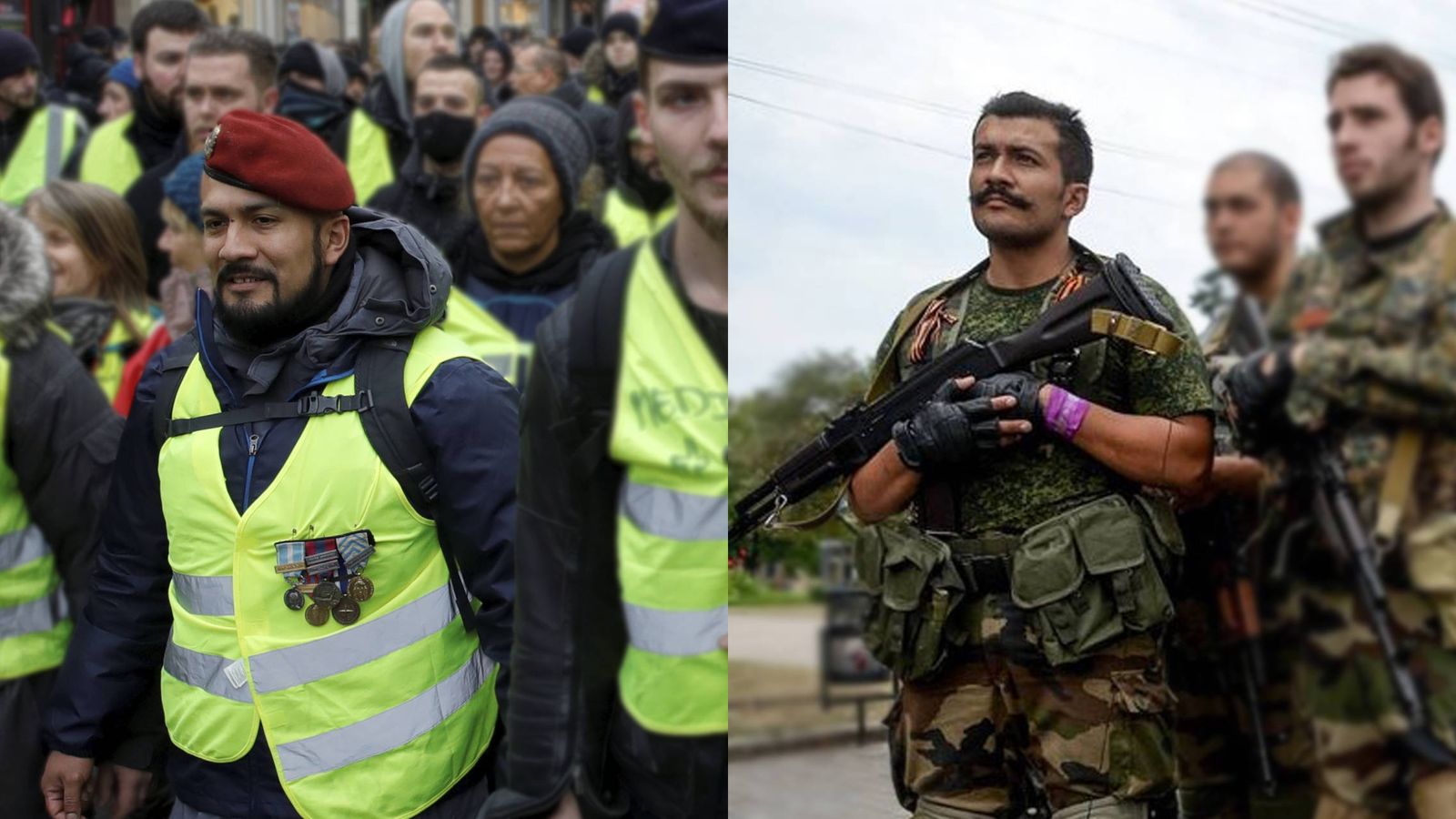 Foto: Víctor Lenta, en el servicio de orden de los chalecos amarillos y entre los rebeldes del Donbás. (Montaje: P. Seijas/Reuters/VK)