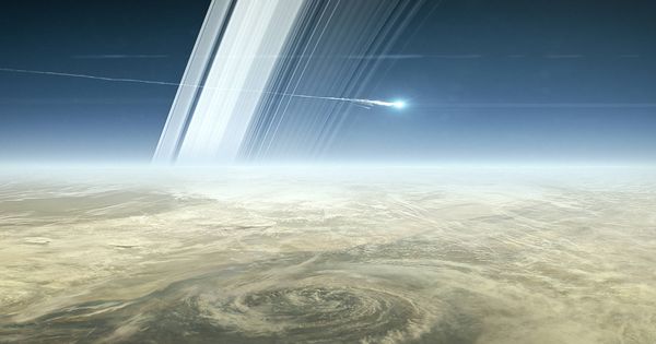 Foto: Recreación artística de Cassini descendiendo hacia Saturno (NASA)