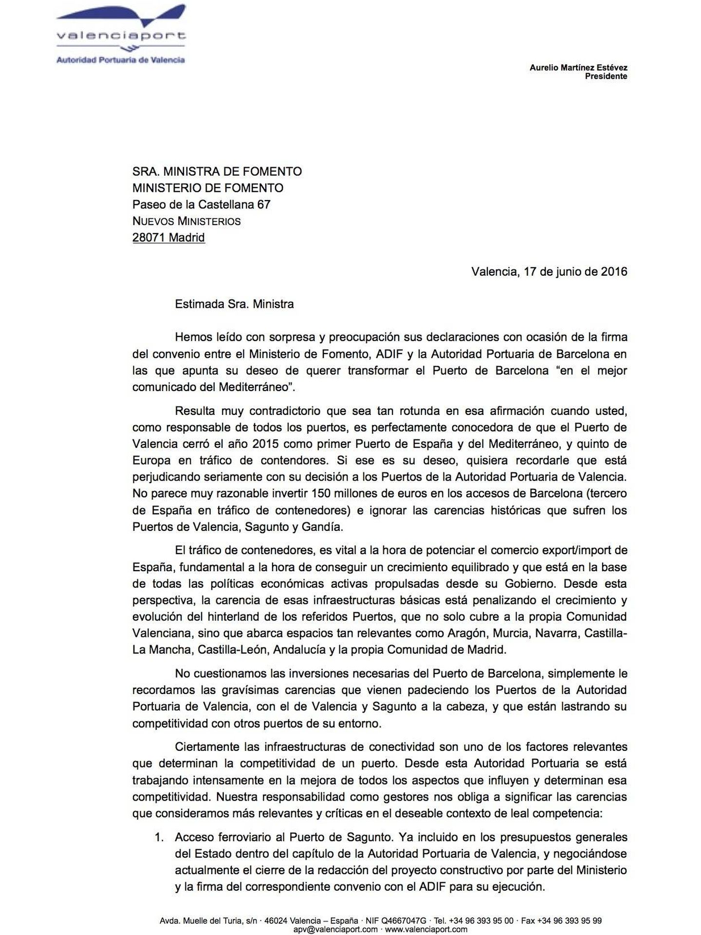 Pincha para leer la carta de Aurelio Martínez, presidente del Puerto de Valencia, a la ministra Ana Pastor.