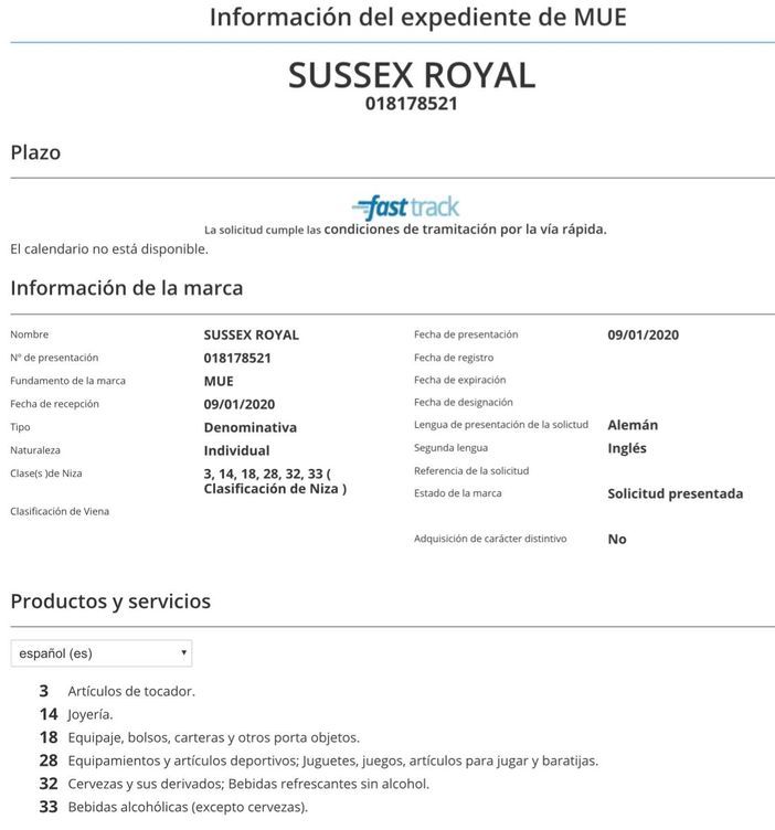 Solicitud de registro de la marca Sussex Royal en la Unión Europea. (EUIPO)