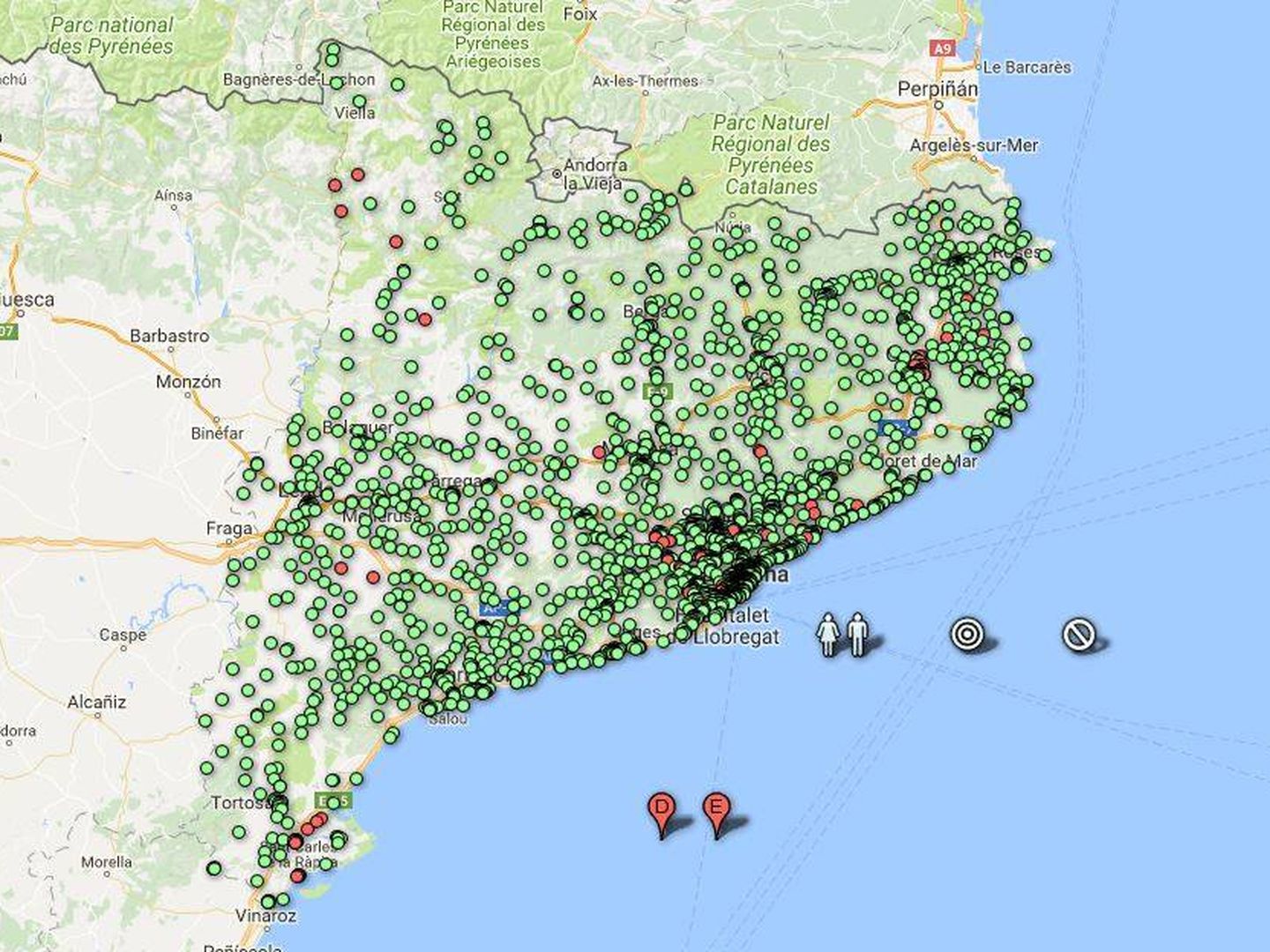 El estado de los colegios en un clon de la web de la Generalitat. En rojo, los colegios cerrados o que no pudieron abrir.