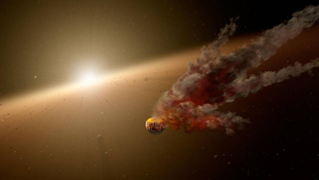 Ilustración de la estrella KIC 8462852, al fondo, con su brillo bloqueado en parte por los restos de un planeta en descomposición (NASA)