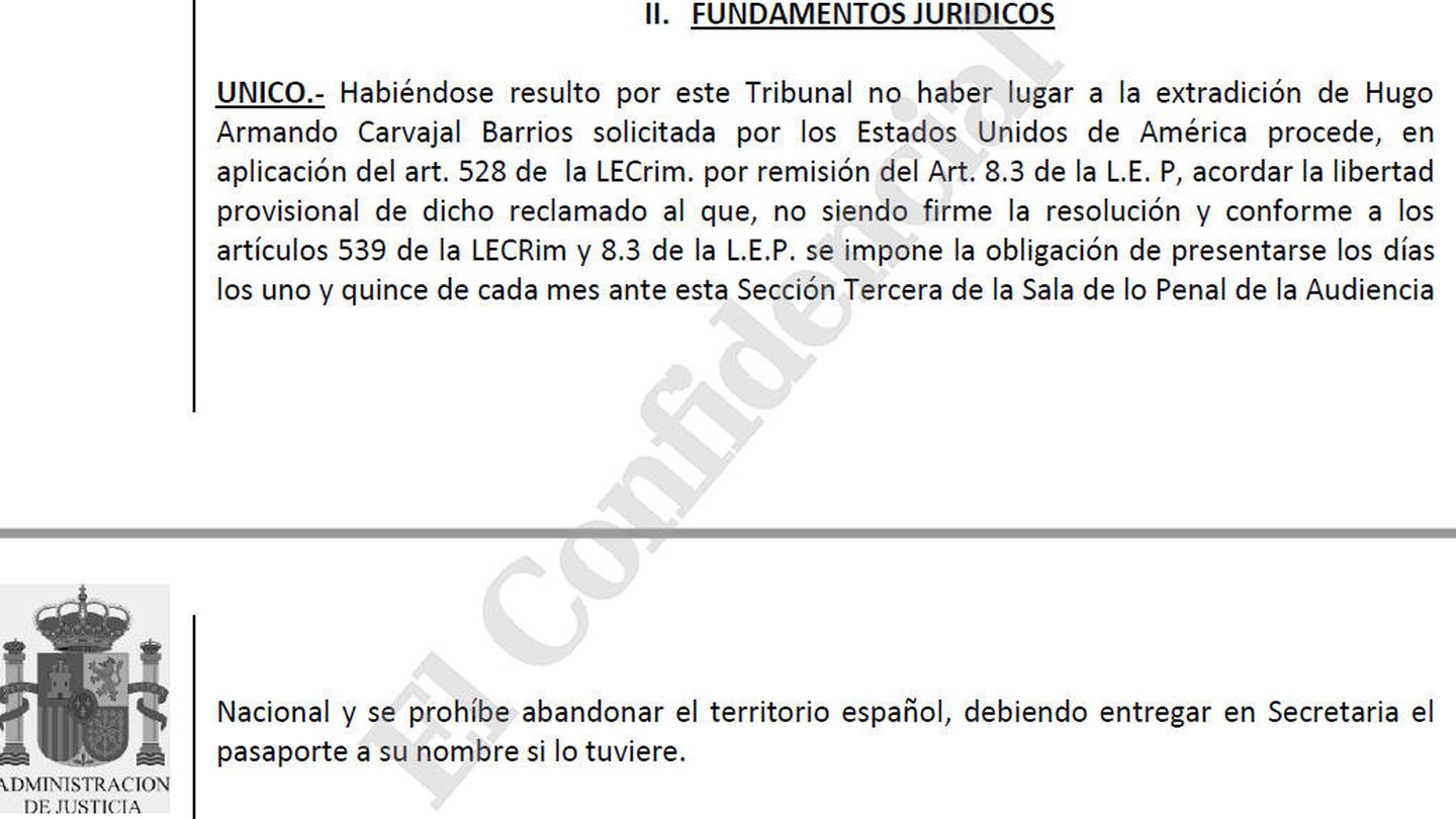 Fragmento del auto de libertad de Hugo Carvajal emitido por la Audiencia Nacional