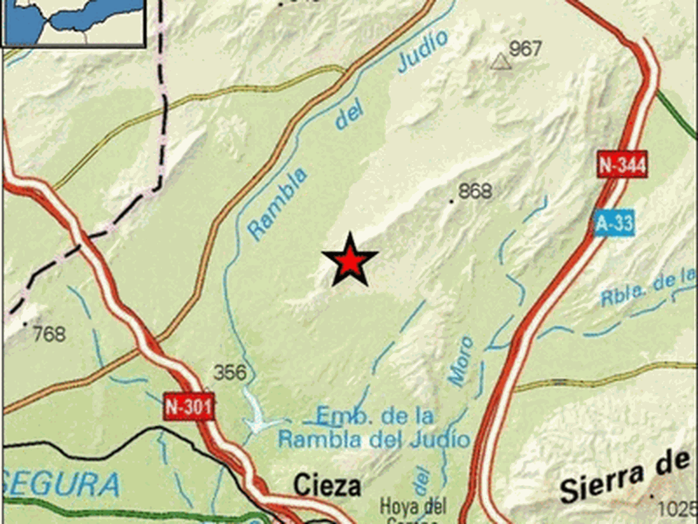 Epicentro del terremoto en las proximidades de Cieza. (IGN)