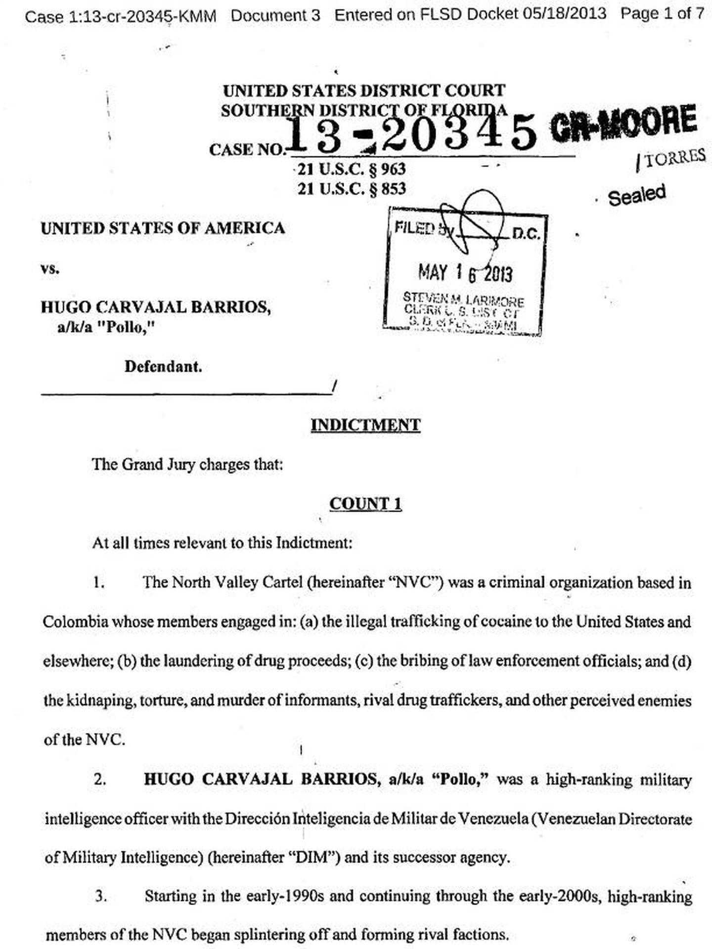 Escrito de acusación por narcotráfico de un tribunal de Florida contra Hugo Carvajal.