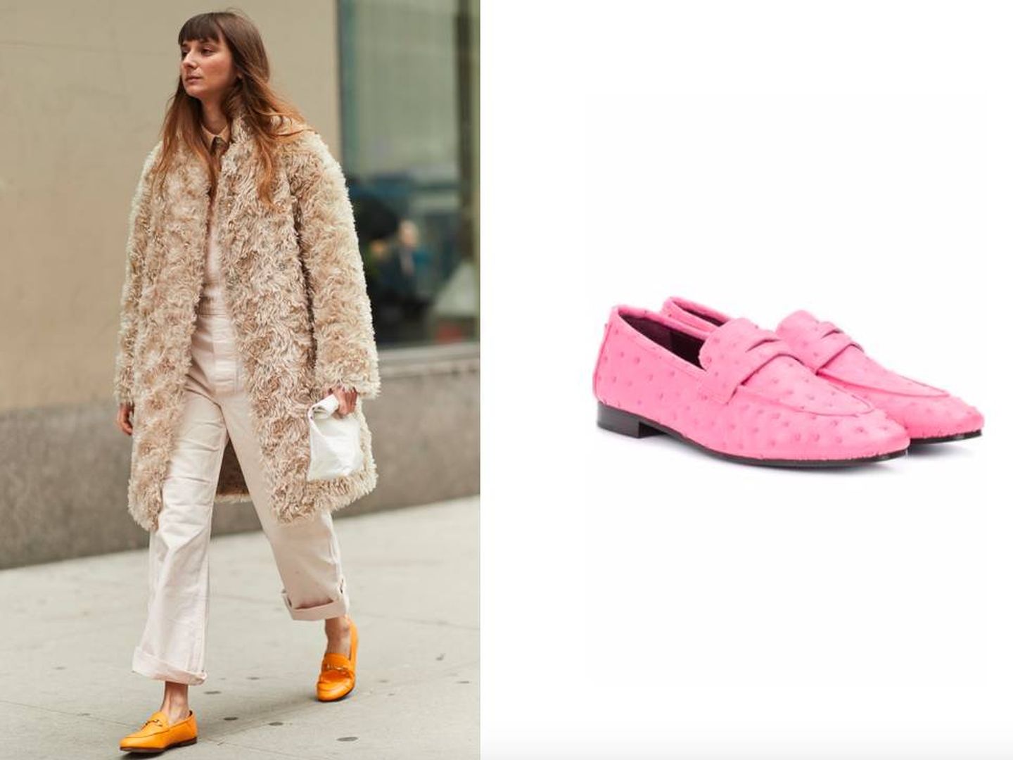 Esta insider opta por un outfit beis con zapatos naranjas (Imaxtree). Inspírate y crea un look similar con estos en rosa de Bougeotte (612 €).