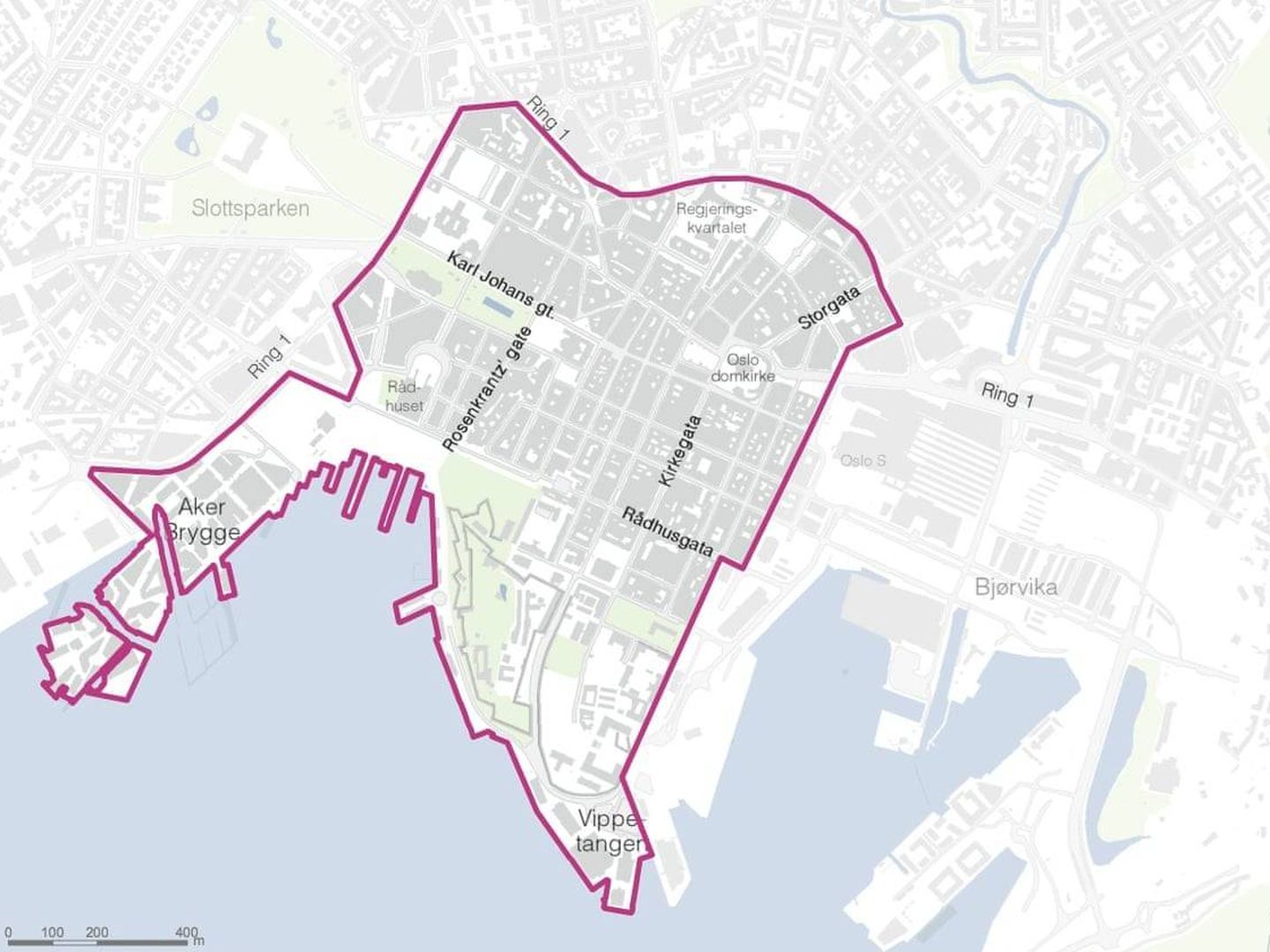 Área de Oslo en la que estará prohibida la circulación de coches en 2019. (Oslo Kommune)