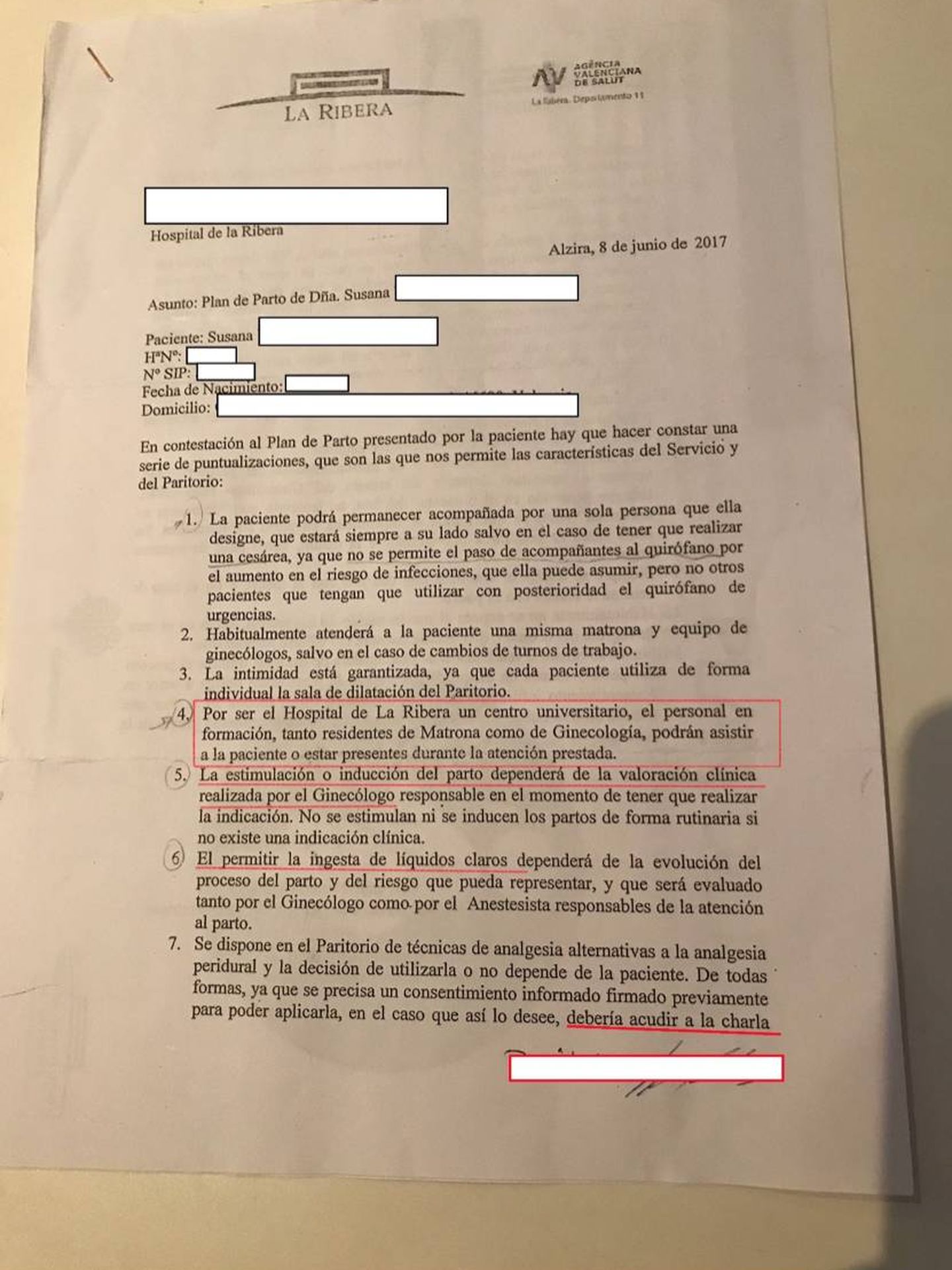 Respuesta del jefe de ginecología del Hospital de la Ribera a una embarazada (1).  (Pinche para ampliar)