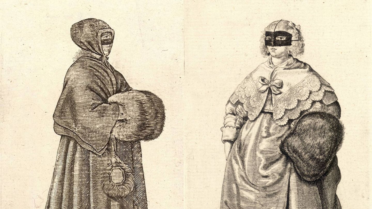 Mujeres con los primeros 'loups', más parecidos a un antifaz. Ilustraciones del siglo XVII realizadas por Wenceslaus Hollar. (Wikimedia)