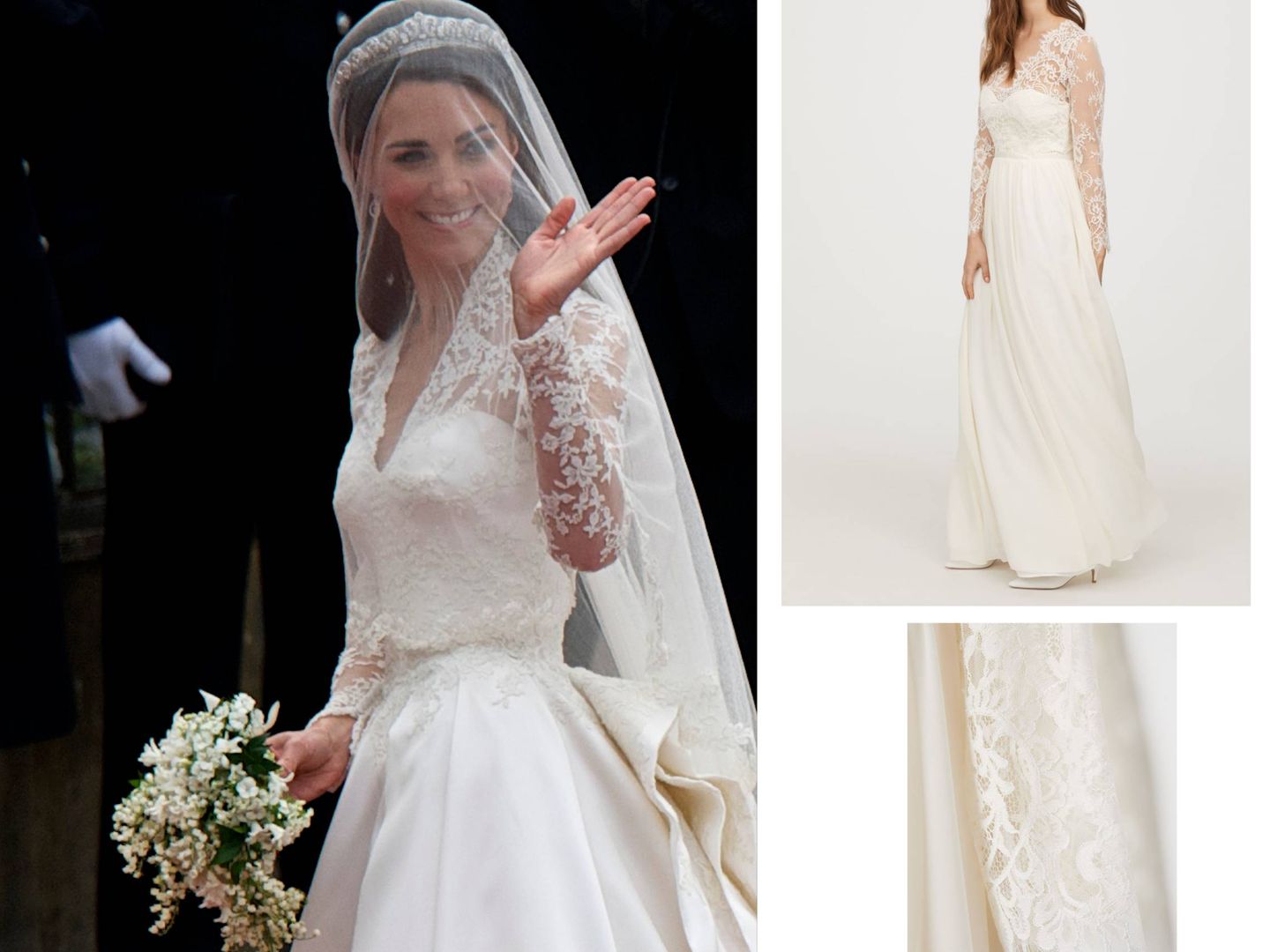 Kate Middleton el día de su boda (Limited Pictures) y el vestido de H&M.