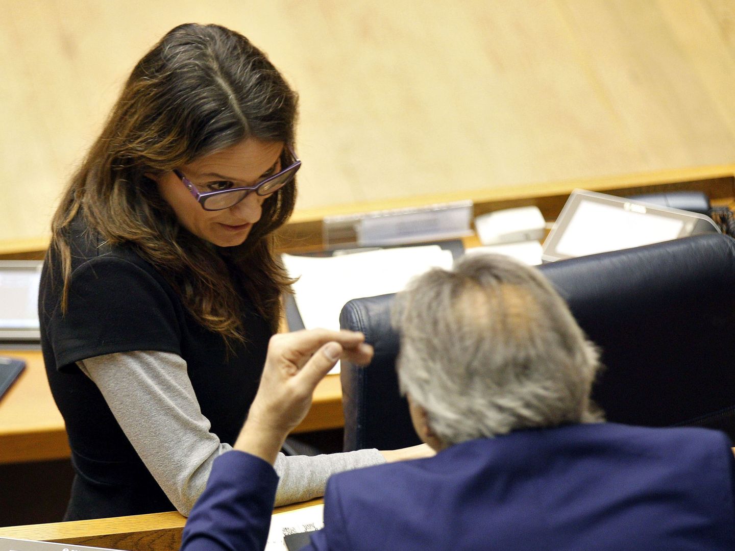 Mónica Oltra habla con el portavoz del PSPV-PSOE en las Cortes, Manolo Mata. (EFE)