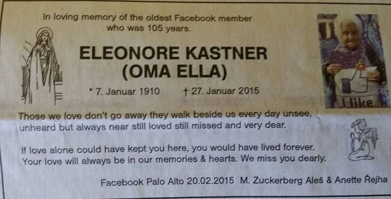 Foto: Esquela publicada por Zuckerberg en un periódico local en homenaje a 'Oma Ella', la usuaria más anciana de Facebook con 105 años (Facebook)