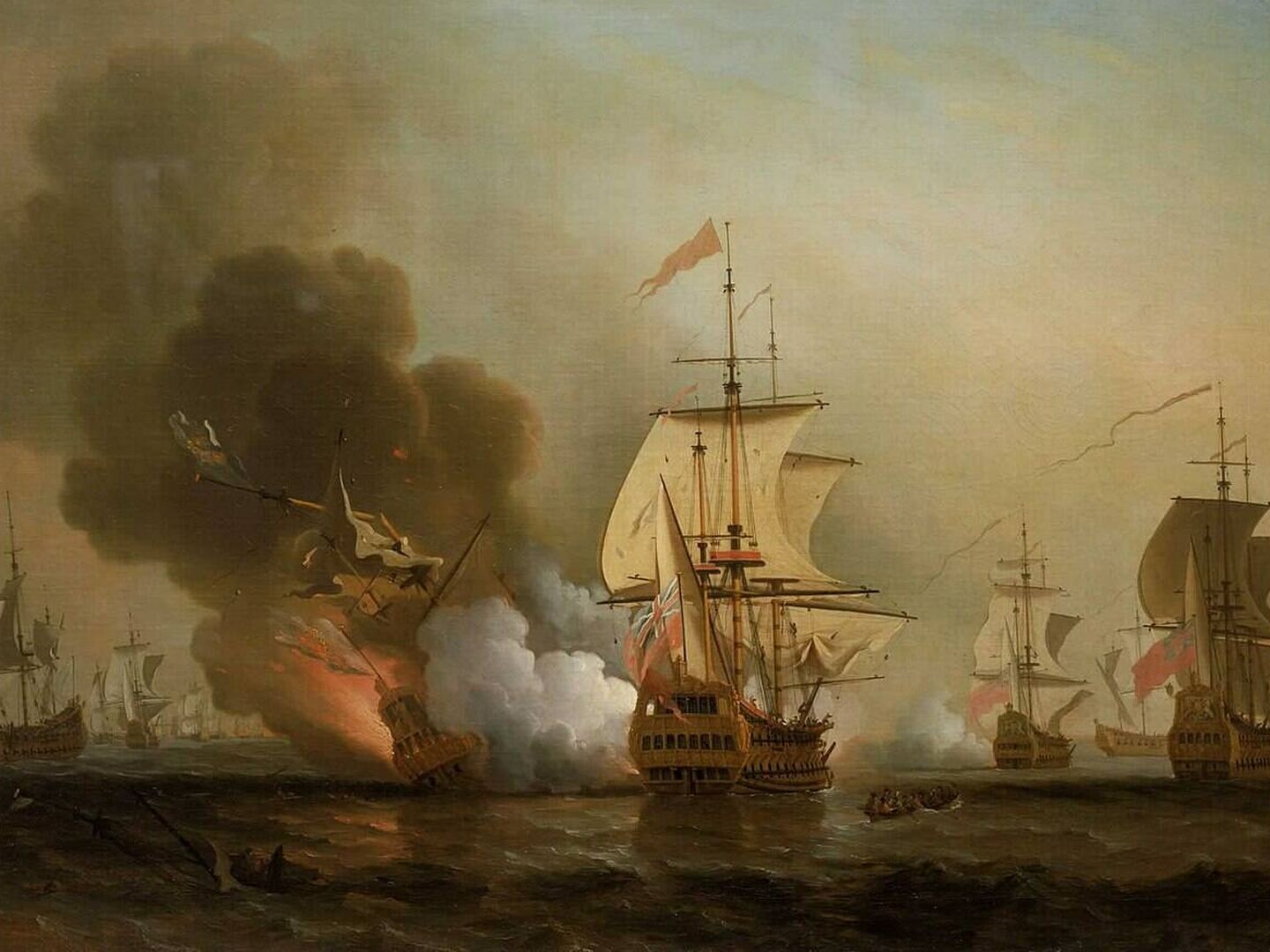 Así explotó el galeón San José Explosión del San José según la ilustración de Samuel Scott (Museo Marítimo Nacional, Londres)