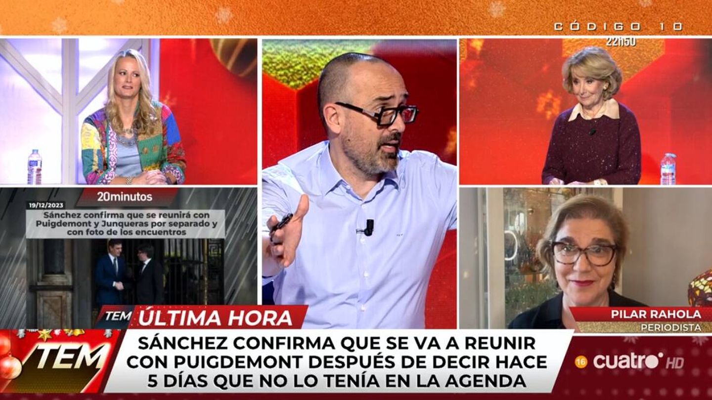El presentador de 'Todo es mentira', Risto Mejide junto a Pilar Rahola, Esperanza Aguirre y Zaida Cantera. (Mediaset)