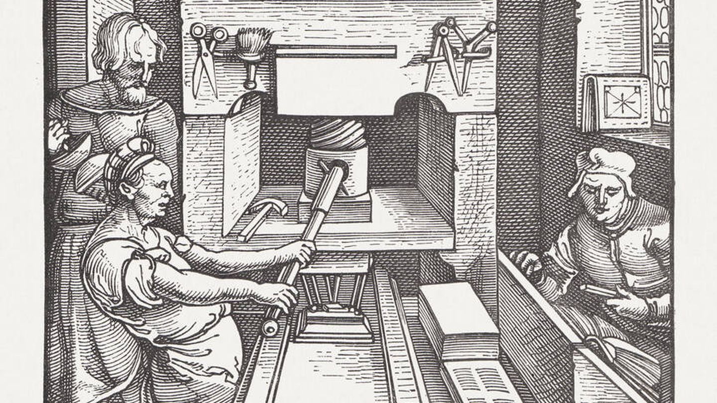 Proceso de impresión con el invento de Gutenberg. Fuente: iStock.