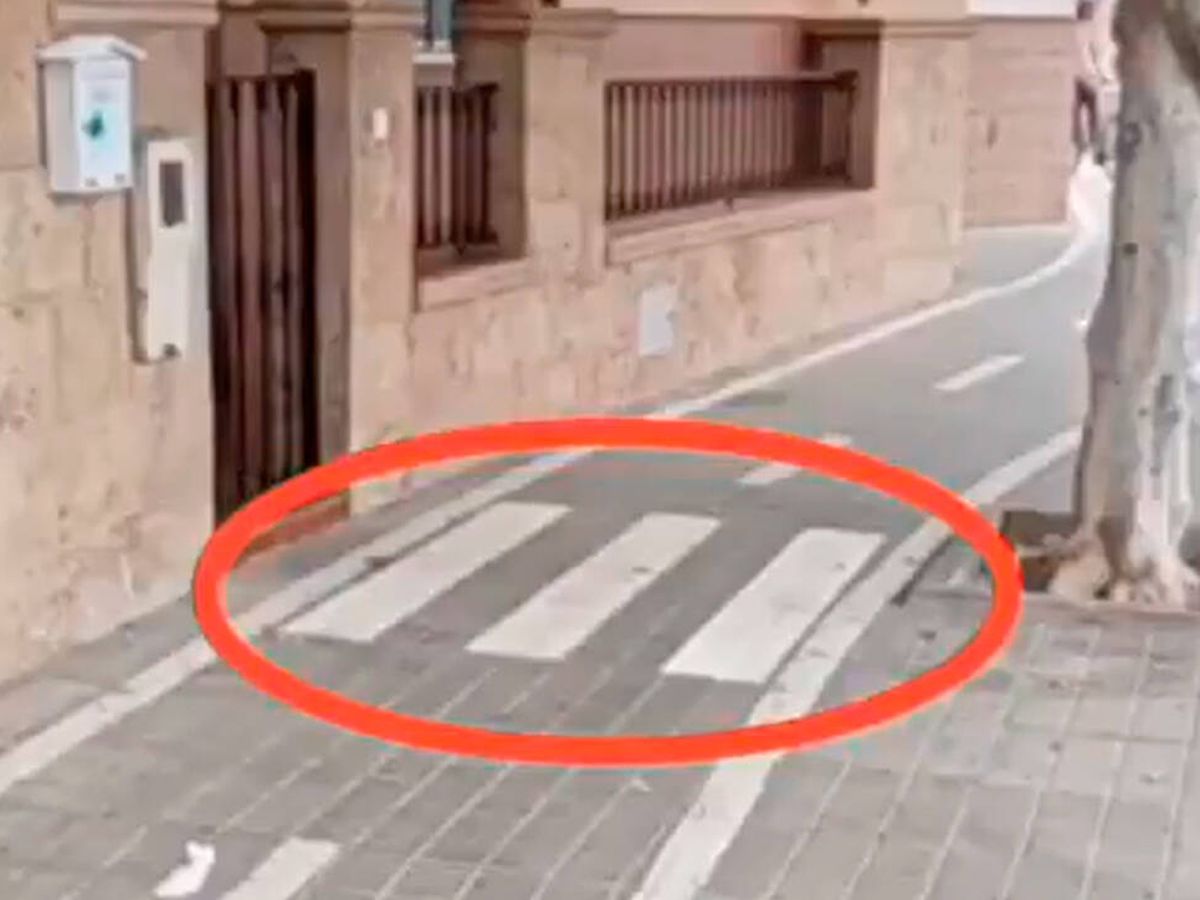 Foto: El paso de cebra que ha pintado el Ayuntamiento de Almería a la puerta de una vivienda cortada por un carril bici. (Twitter)