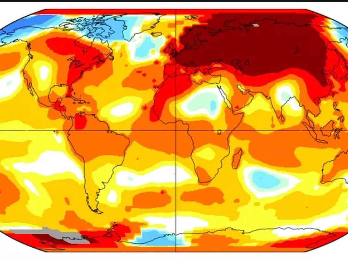 Foto: Temperaturas globales en febrero de 2020 comparadas con el período 1951-1980. Cuanto más rojo, más calurosas. Foto: NASA