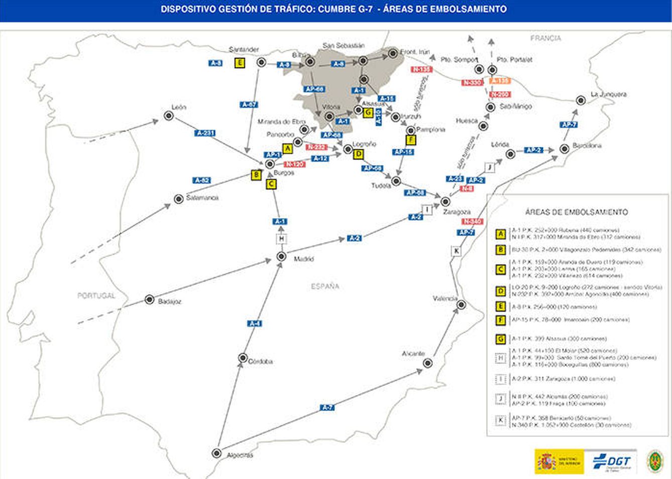 Mapa de las zonas de embolsamiento de vehículos pesados durante la cumbre de Biarritz. (DGT)