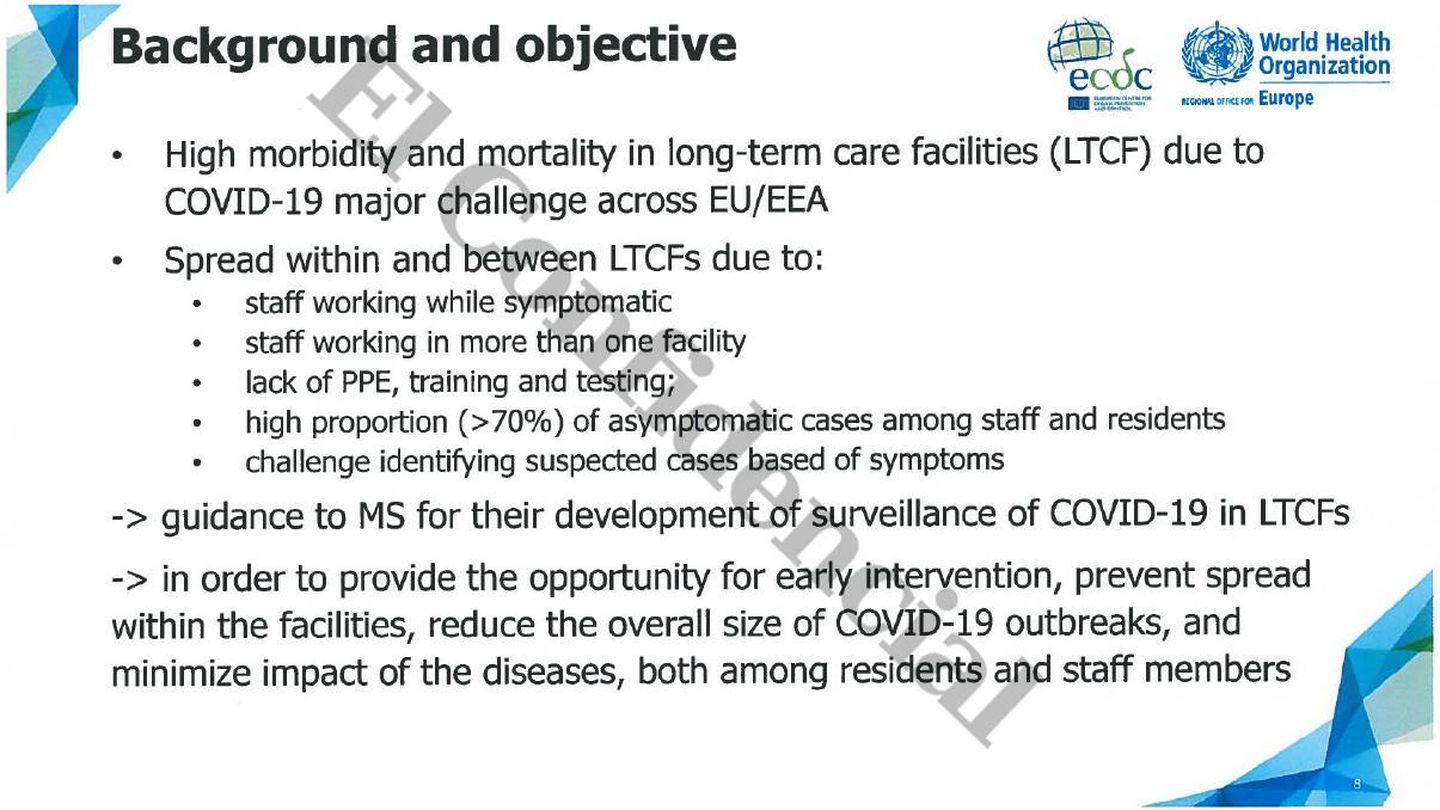 Diapositiva de la presentación del ECDC sobre los fallecimientos en residencias por el covid-19.
