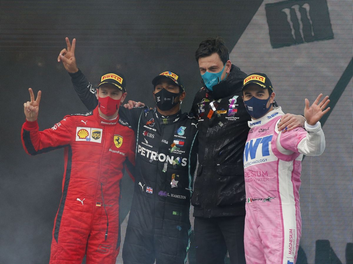 Foto: Hamilton, Pérez y Vettel firmaron el podio más reñido de la temporada. (EFE)