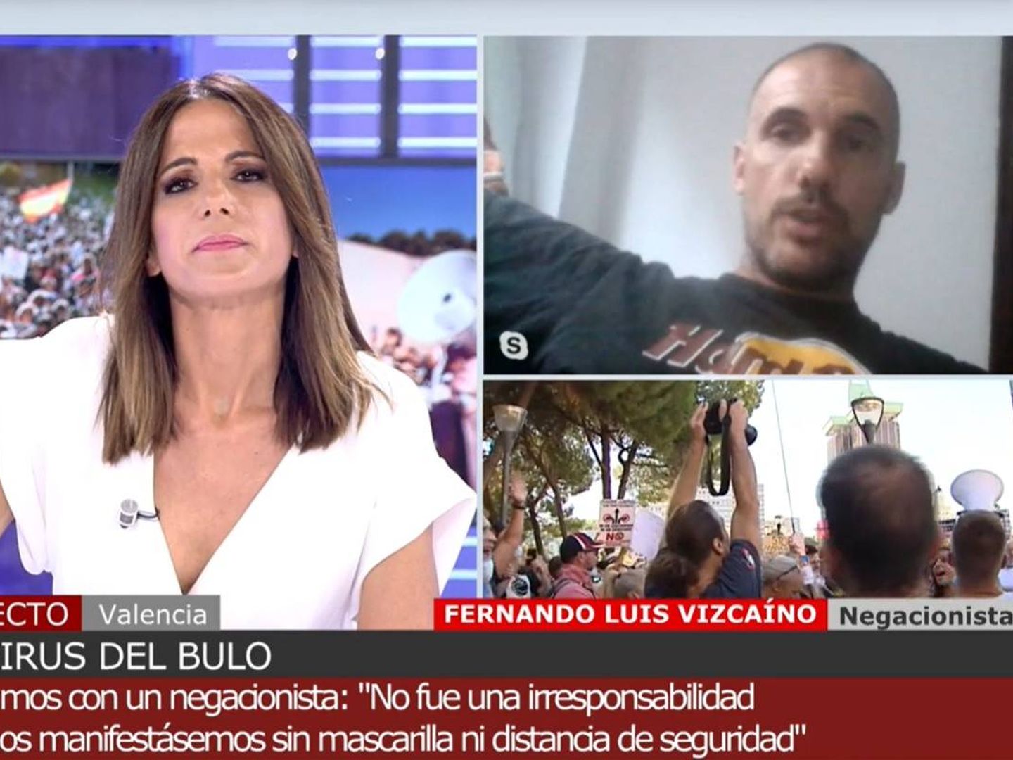 Mónica Sanz entrevista a un negacionista del coronavirus. (Mediaset)