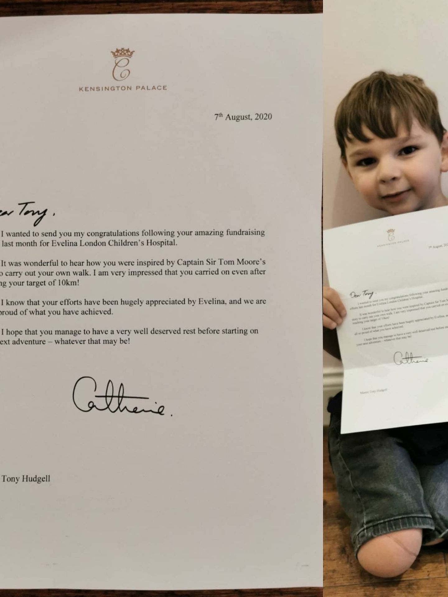 El niño Tony Hudgell, con una carta enviada por Kate Middleton. (Twitter: @bearsjourney)