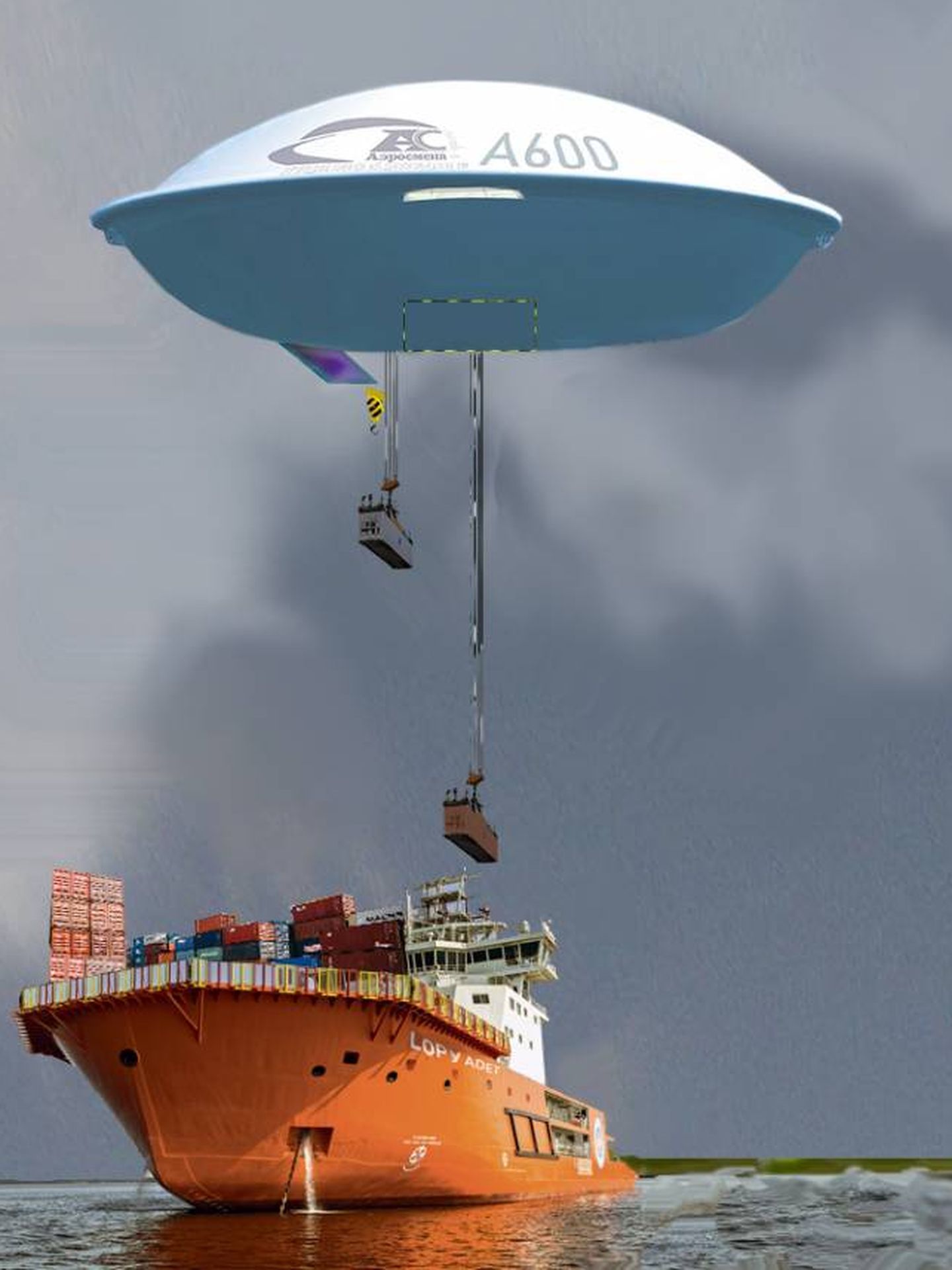 Montaje fotográfico del método de carga y descarga del dirigible (Aeromena)