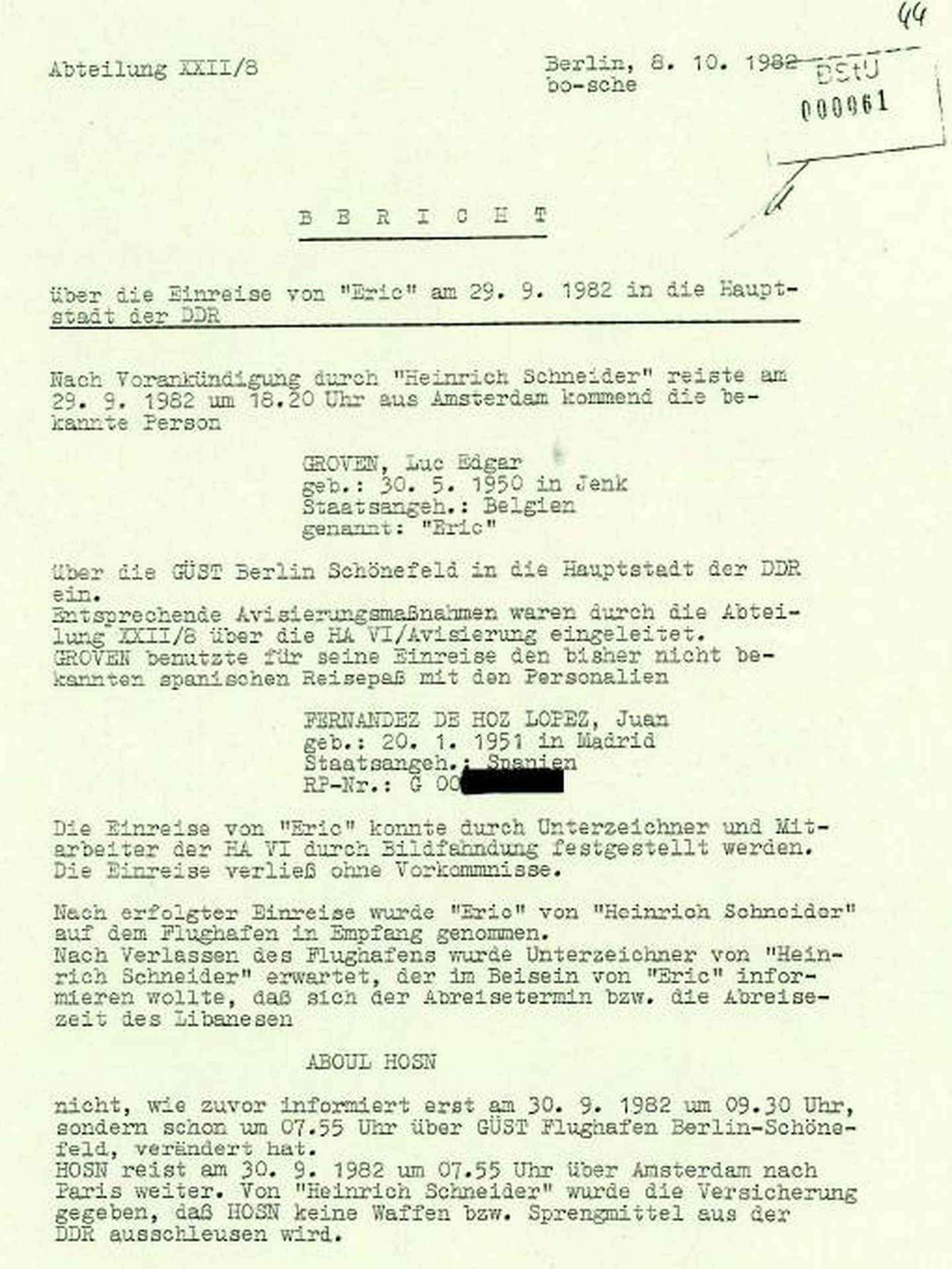 Acta de la Stasi sobre el etarra Luc Edgard Groven, alias 'Eric'
