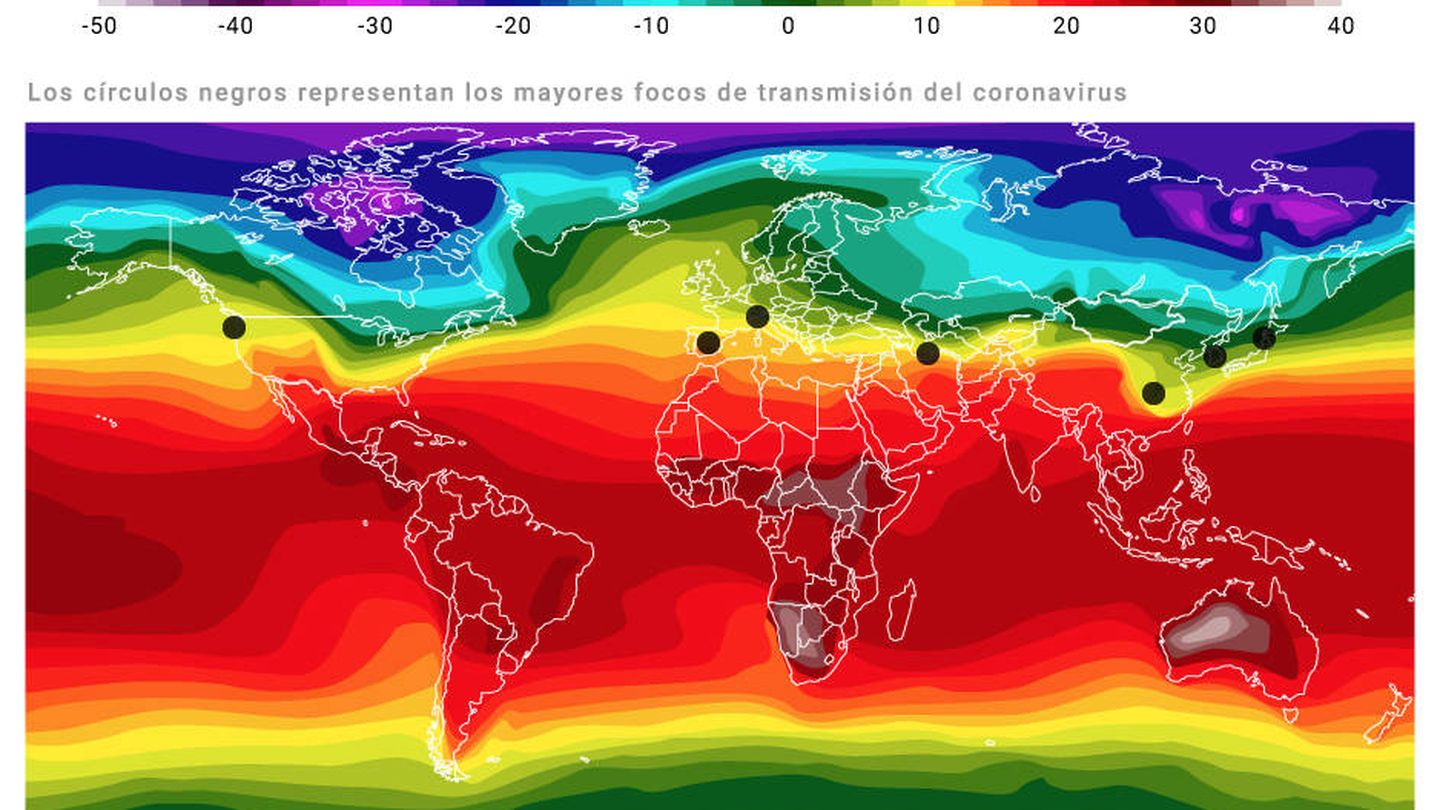 Mapa extraído de la investigación del Instituto de Virología Humana de la Universidad de Maryland que prueba que el coronavirus sobrevive mejor en una cierta temperatura, humedad relativa y latitud.