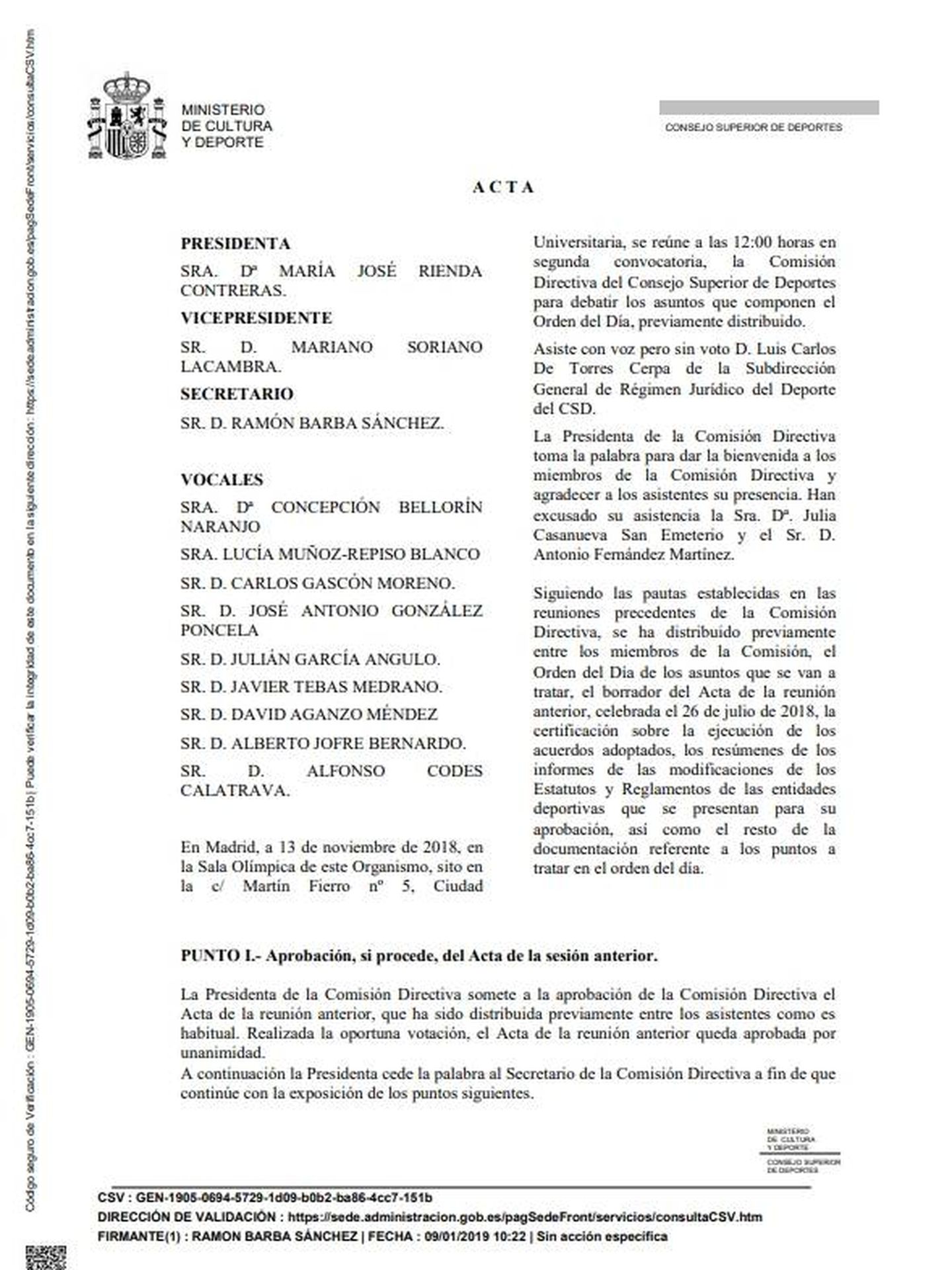 Acta de la Comisión Directiva del CSD (13/11/2018).