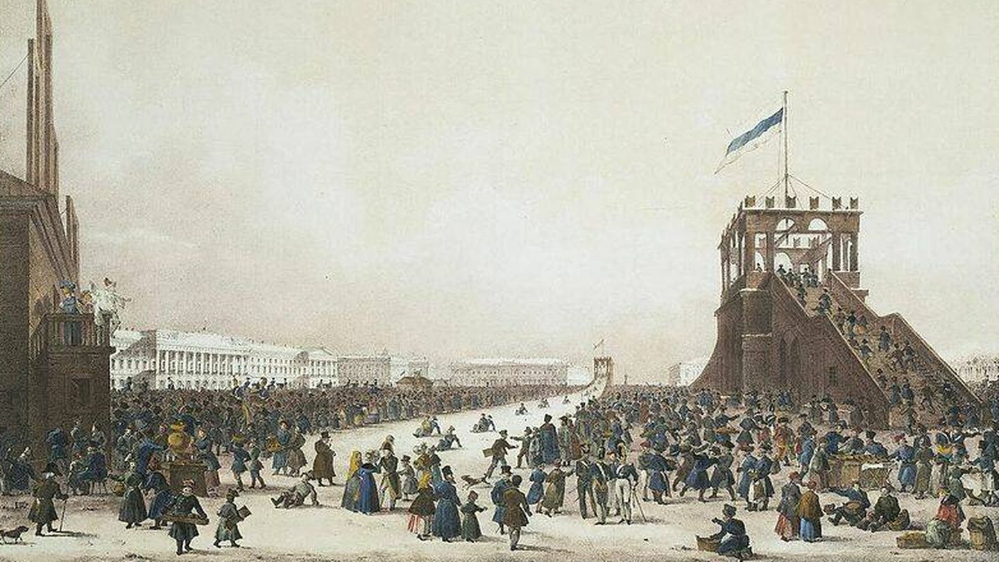 Toboganes de hielo en los campos de Marte de San Petersburgo en 1820. Fuente: Wikiwand