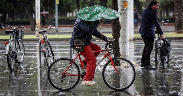 Foto: Una persona circula en bicicleta mientras intenta resguardarse de la lluvia con un paragua en Sevilla. (EFE)