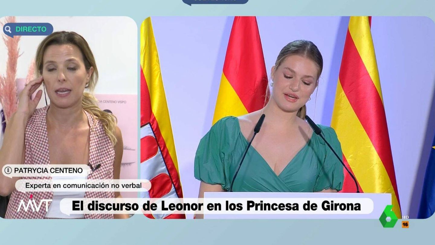 Patrycia Centeno hablando sobre el lenguaje no verbal de Leonor en los Premios Princesa de Girona. (Captura de pantalla del programa 'Más vale tarde')