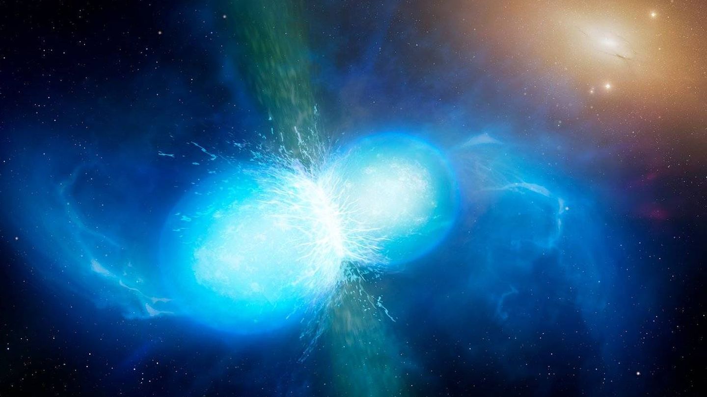 Dos estrellas de neutrones colisionando y explotando en una kilonova, un evento que produce ondas gravitacionales.