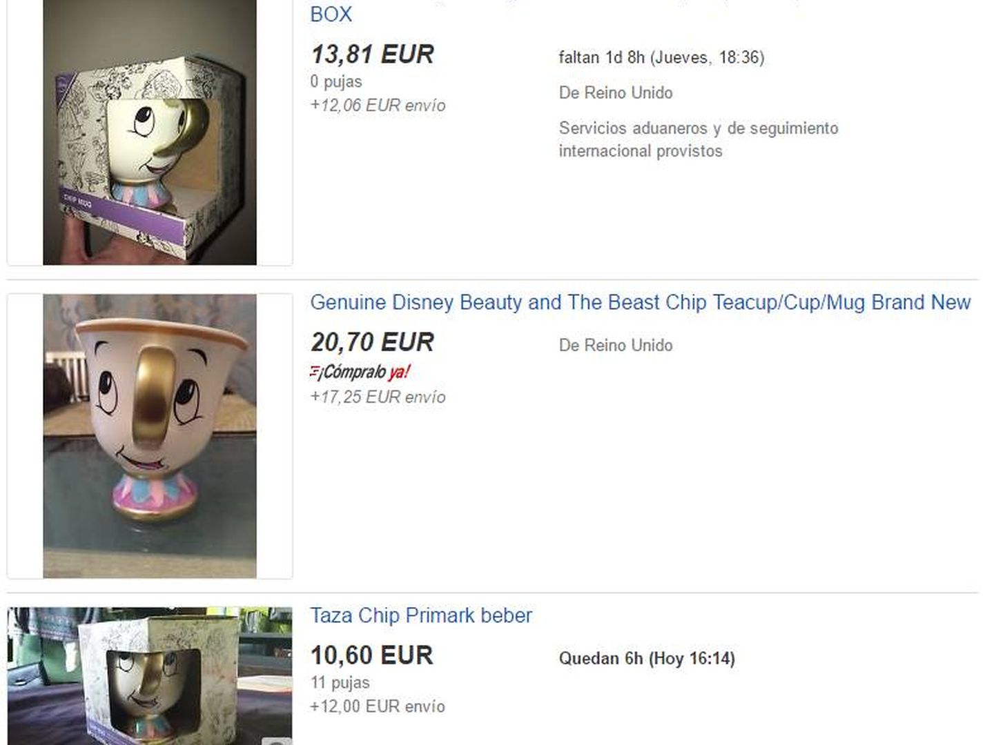 Pujas en eBay para la taza de 'La Bella y la Bestia'