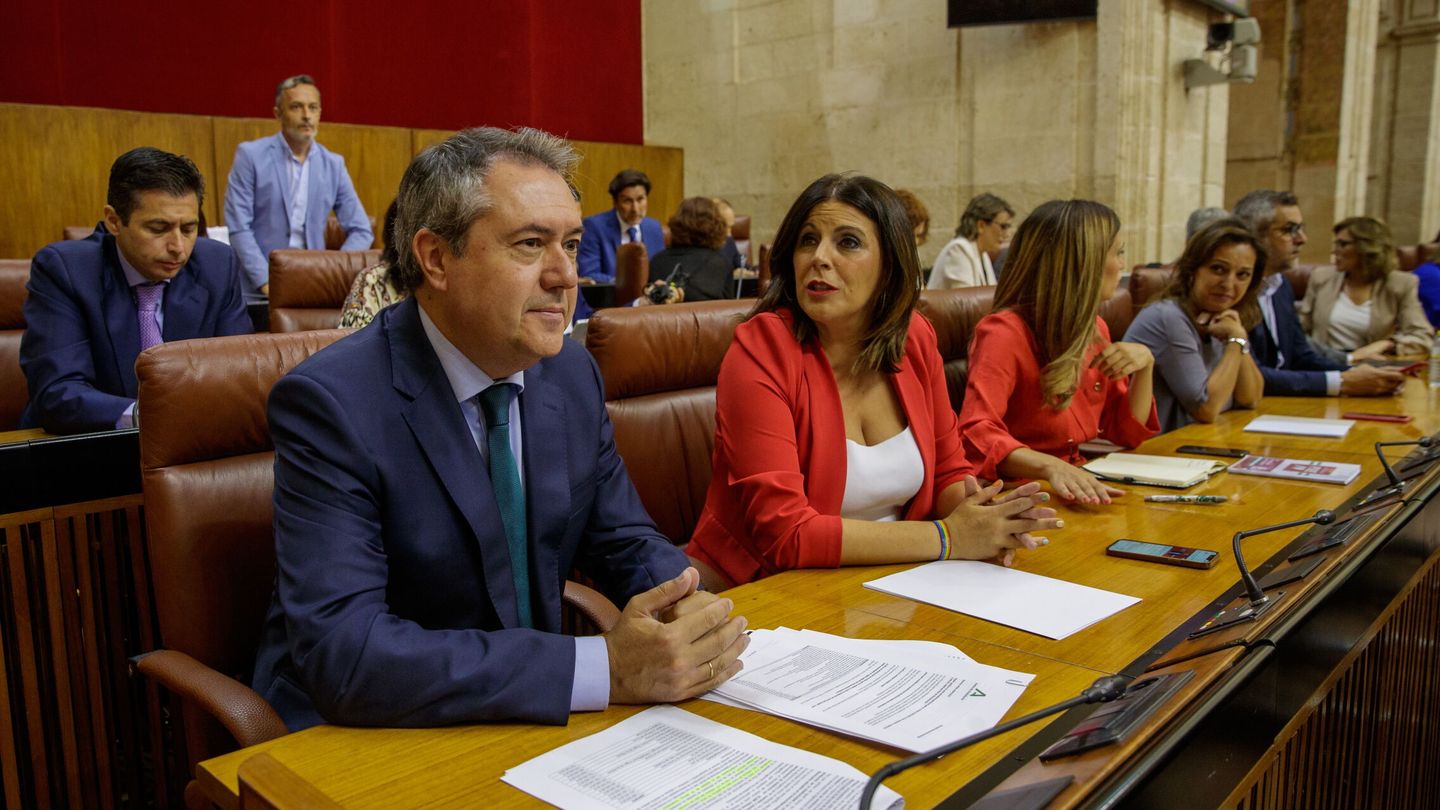 Juan Espadas y Ángeles Férriz, en sus escaños del Parlamento andaluz. (EFE)
